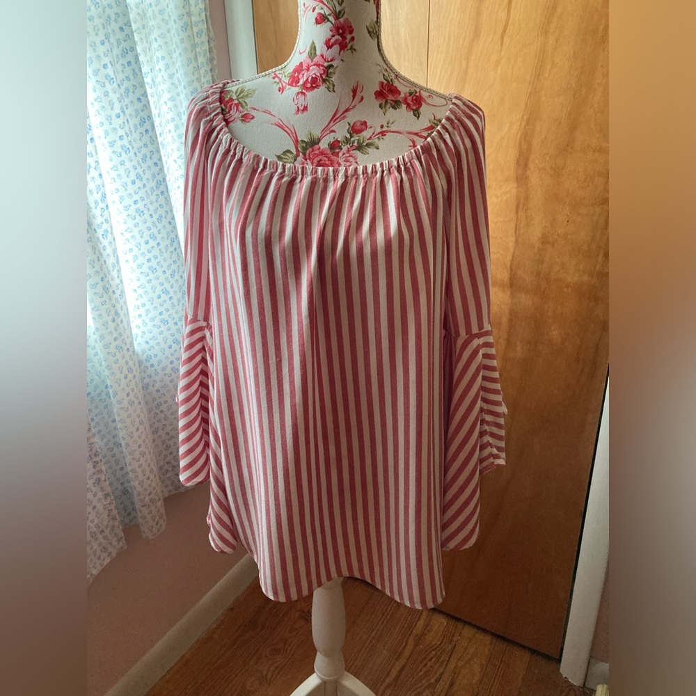 Fever - Red and White Striped Flutter Sleeve Top - SZ L